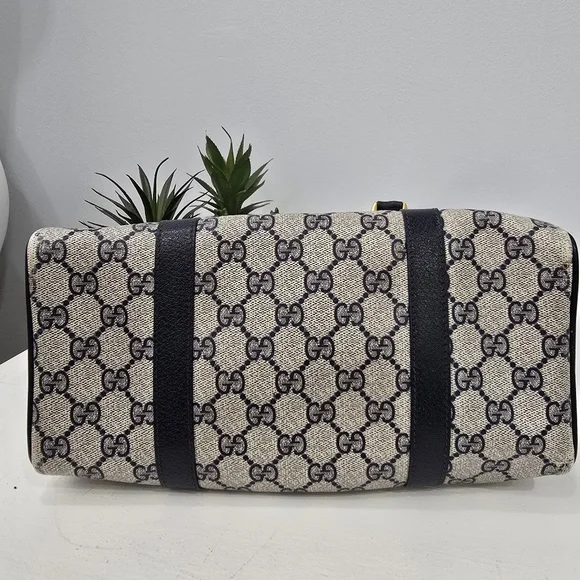 GUCCI - Vintage GG Sherry Line Boston Bag in Rare Navy Blue, PVC & Leather - Picture 8 of 16